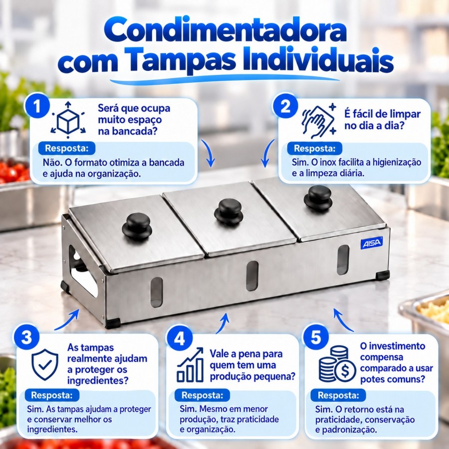Condimentadora Pizzarola Inox 3 Cubas Acrílico Tampa Individual - Aisa